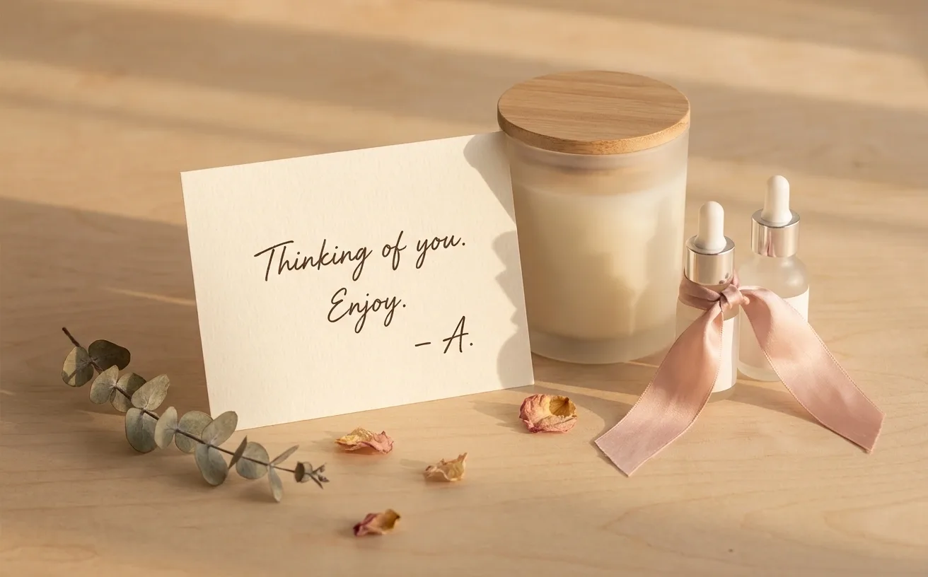 A card that reads Thinking of you, enjoy, beside a candle with a wooden lid and two dropper bottles tied with pink ribbon, with dried rose petals on the table