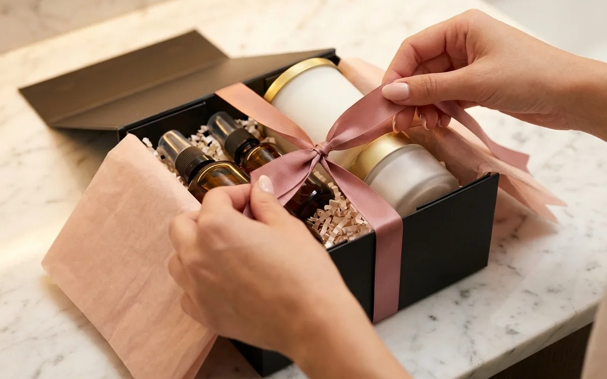 Two hands tying a pink satin ribbon around a black gift box holding two serum bottles and a jar of cream in tissue paper