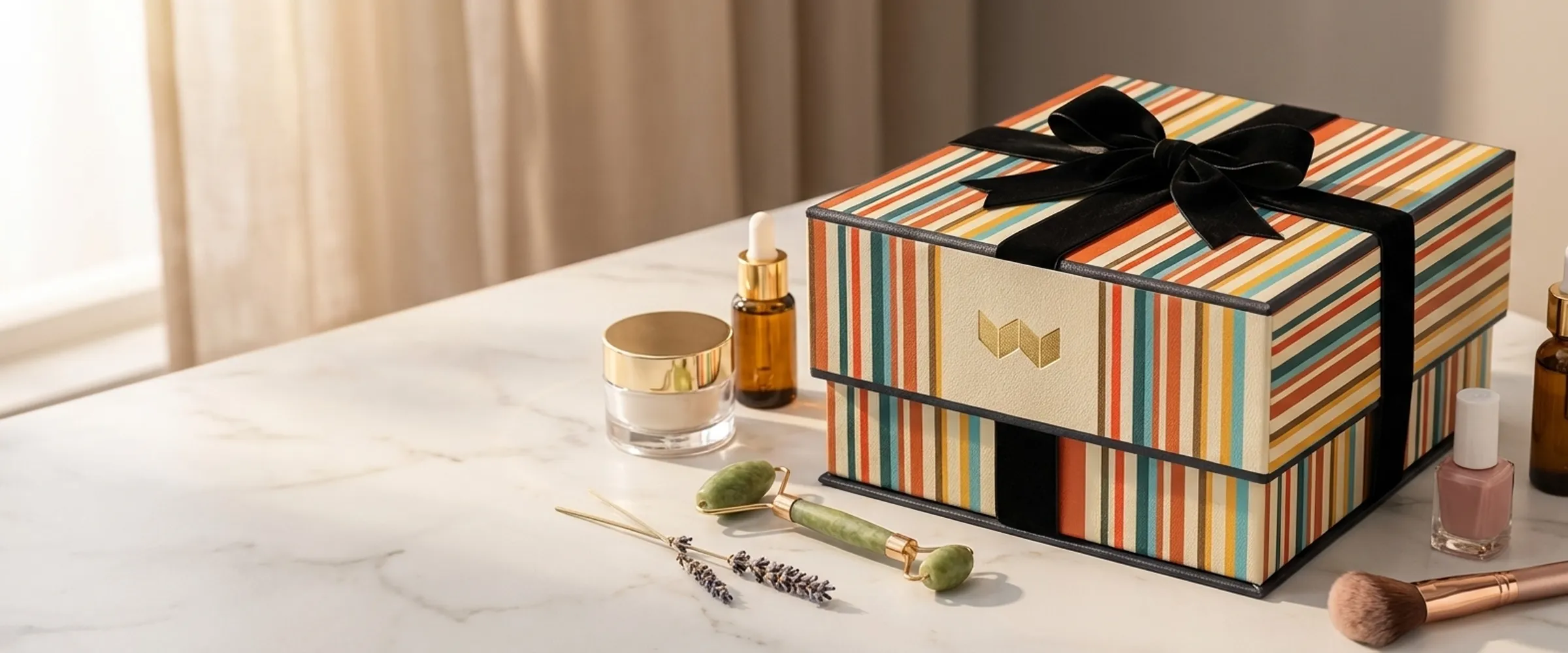 A striped Wrapped gift box on marble beside a jar of cream with a gold lid, a dropper bottle of serum, a jade roller, a sprig of lavender, a bottle of nail polish, and a blush brush