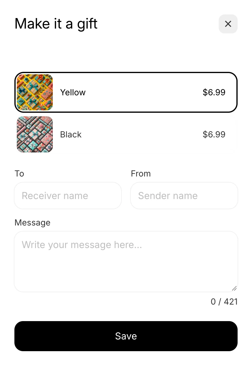 The Make it a gift block: two wrap choices with their photos and prices, the To and From fields, the message box with its character counter, and the Save button