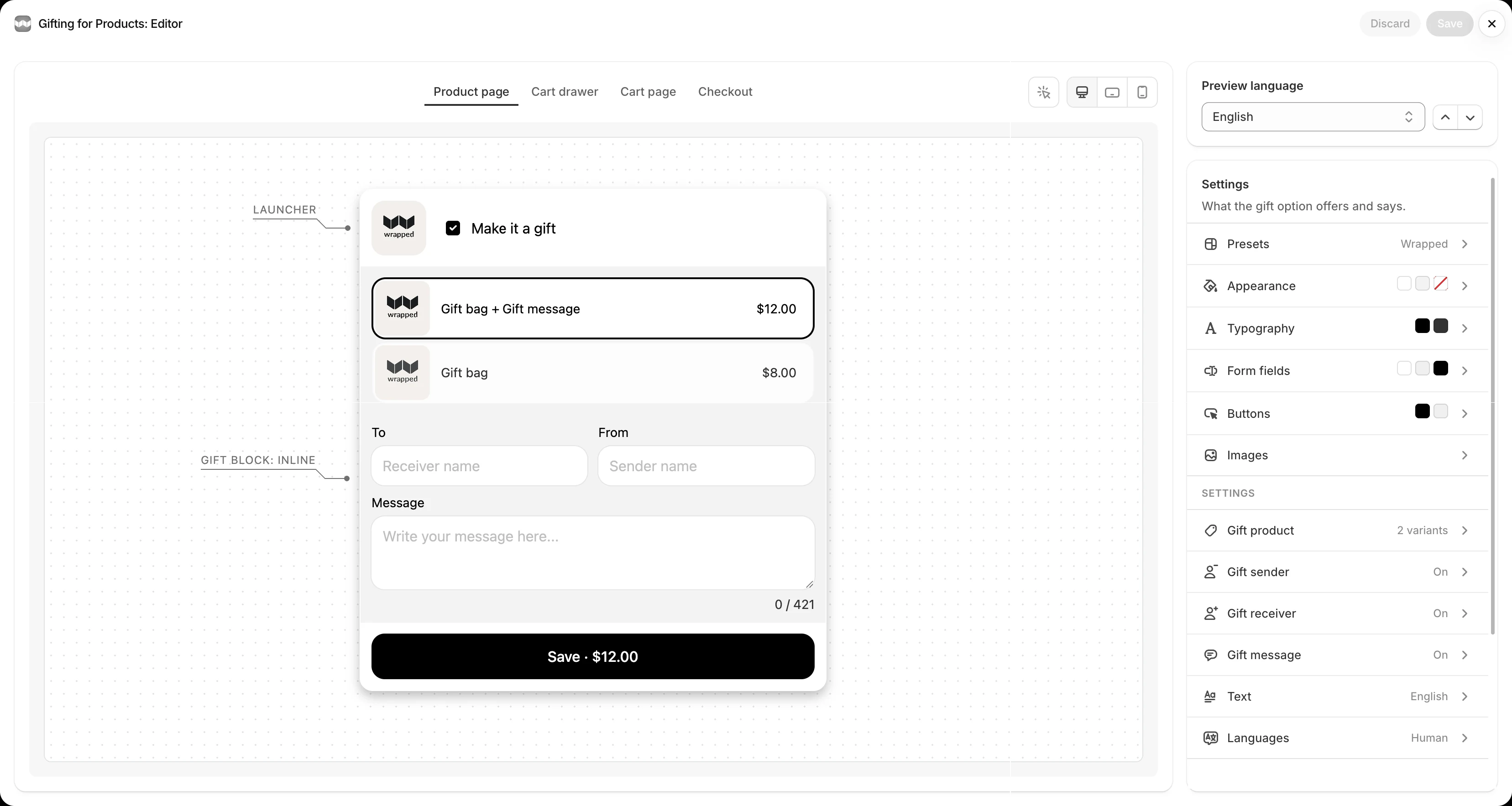 The Gifting editor: the product page Gift Block on the left with its gift choices, To, From, and Message fields, and the settings list on the right