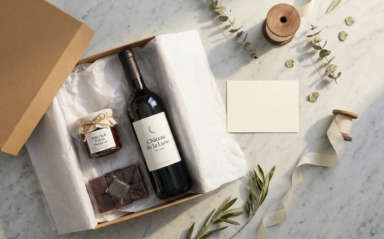 A kraft gift box lined with tissue paper holding a bottle of red wine, a jar of fig preserves, and a bar of chocolate, with a blank card and a spool of ribbon beside it on marble