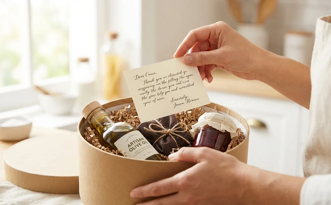 Two hands lifting a handwritten card out of a round kraft hamper packed with olive oil, a jar of jam, and a wrapped parcel