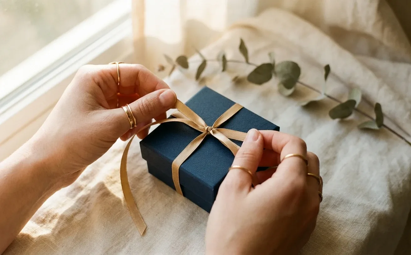 Two hands tying a gold ribbon on a navy ring box on linen, with a sprig of eucalyptus beside it