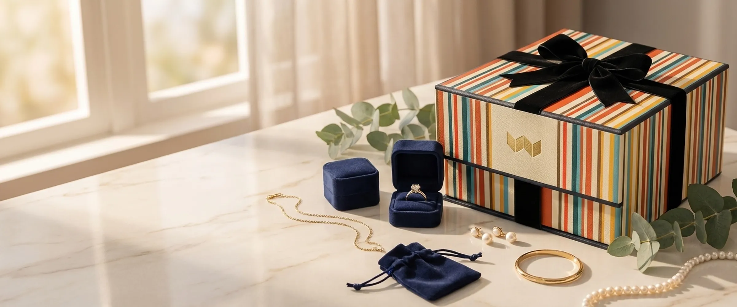 A striped Wrapped gift box on marble beside a navy ring box with a solitaire ring, a gold chain, pearl earrings, a gold bangle, and a velvet pouch