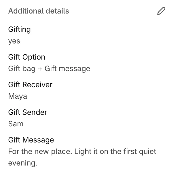 The order's Additional details: Gifting yes, the gift option, the receiver, the sender, and the gift message