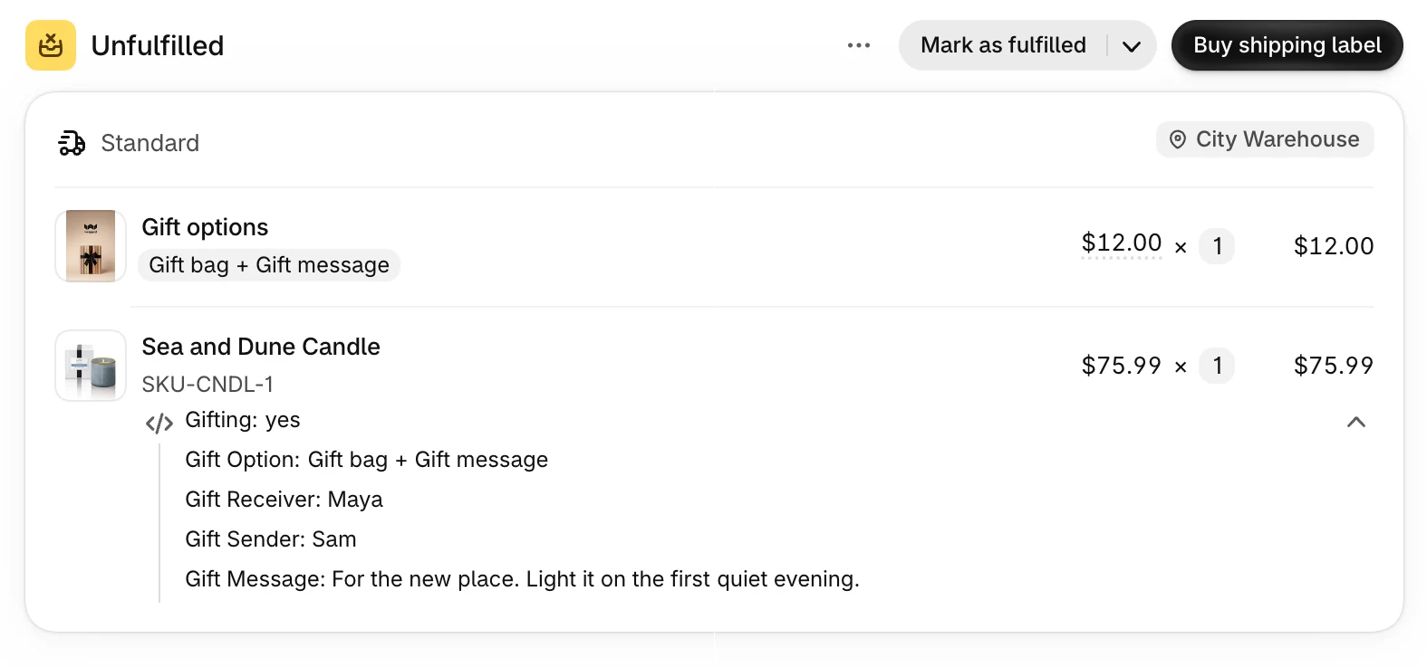 A Shopify order: the gift bag line, then the candle with its gift option, the receiver, the sender, and the gift message