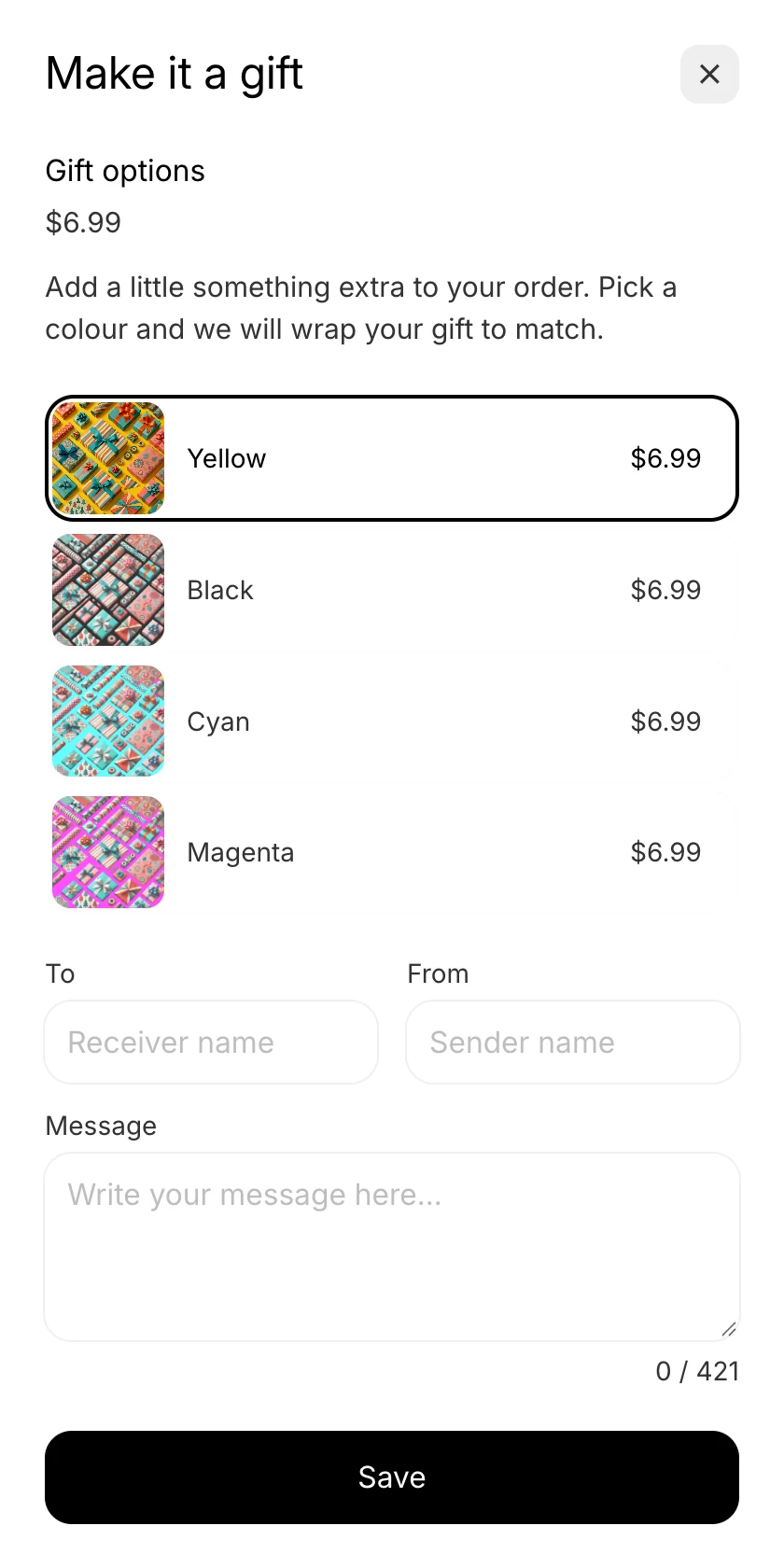 The Make it a gift dialog: four wrap choices, each with its photo and price, To and From fields, a message box, and a Save button