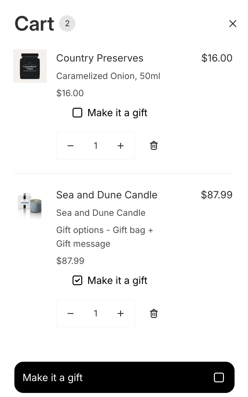 A cart drawer with two items: each item has its own Make it a gift tick, and a Make it a gift bar below them wraps the whole order